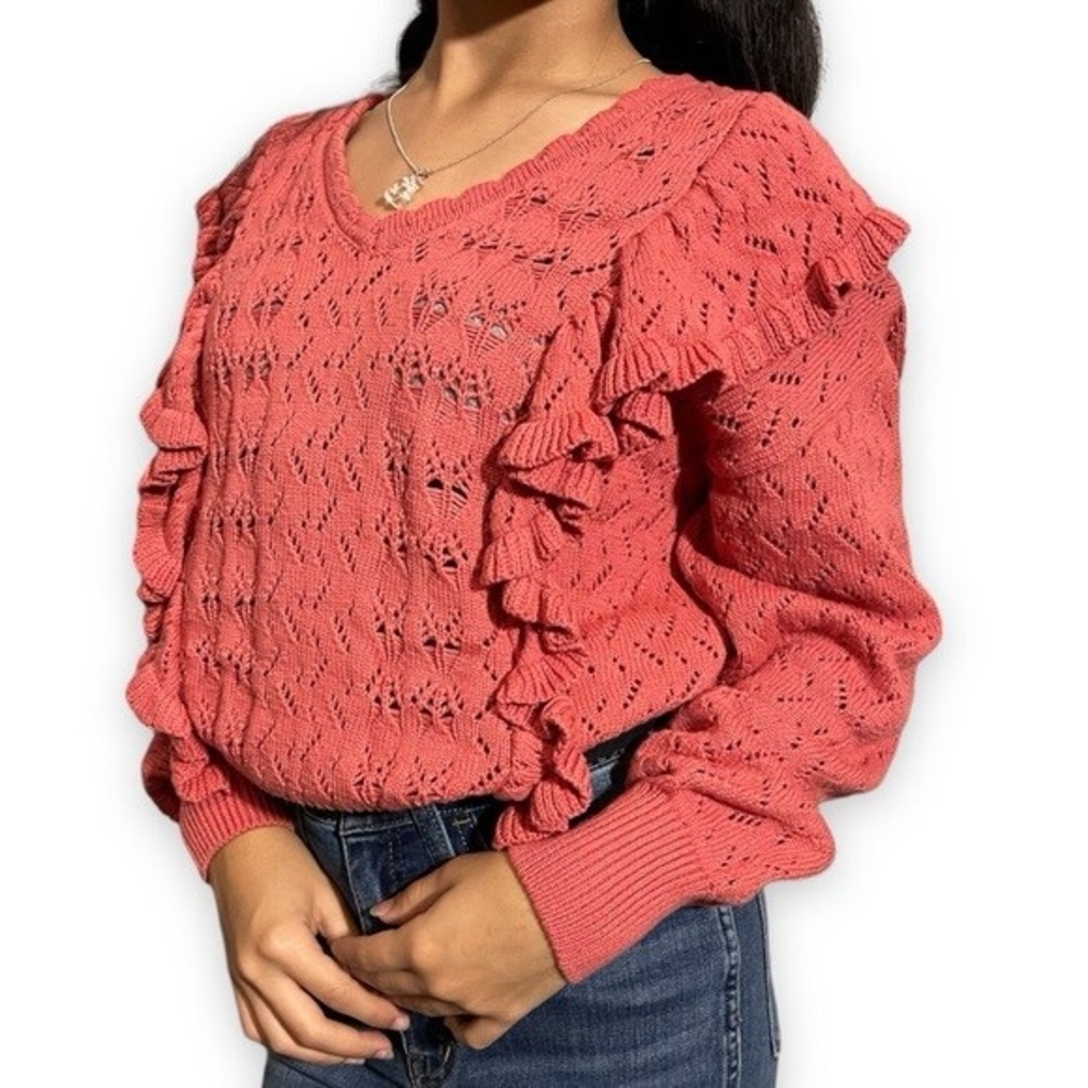 Marc New York Coral Knit Long Sleeve Ruffle Sweater Large NWT
